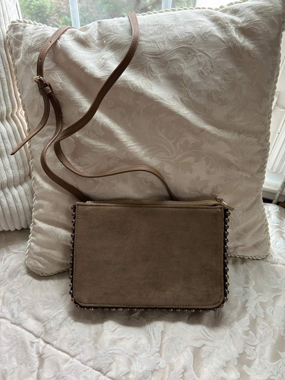 Sondra Roberts Taupe Suede Crossbody Bag/Clutch.
